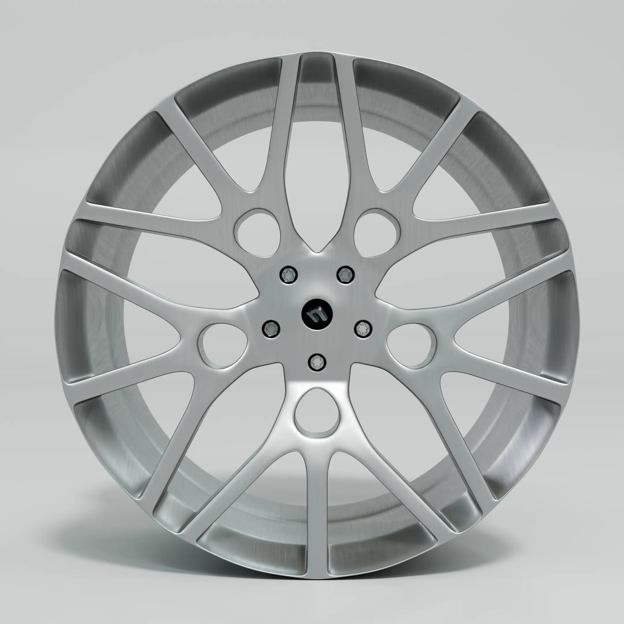 Example: Car wheel rim: Material: steel, view: FRONT, background: studio